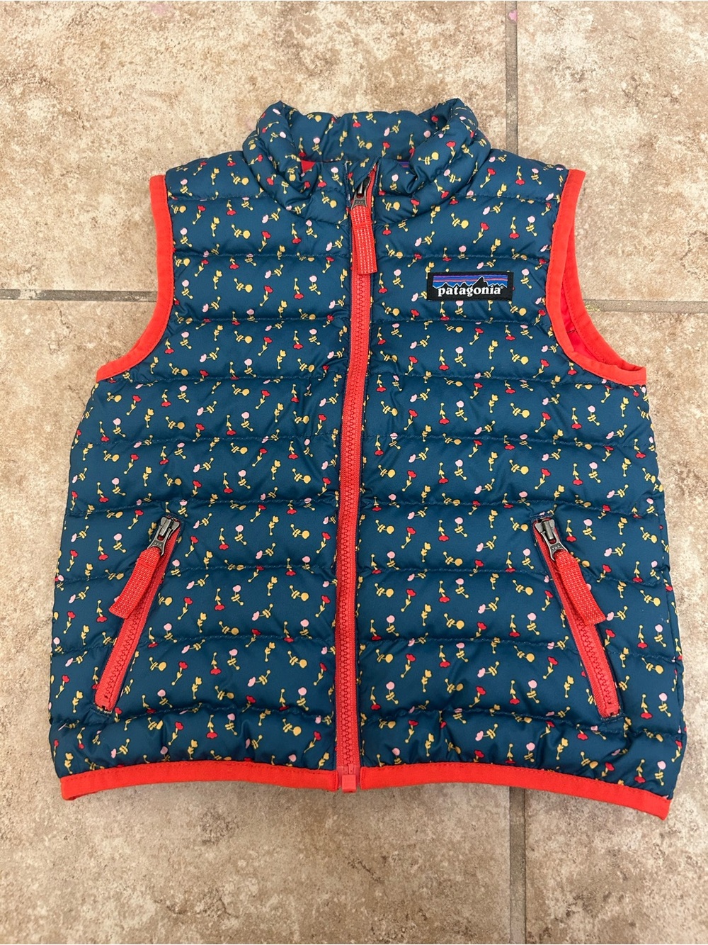 Patagonia Teal Floral Puff Jacket with Red Zipper 12-18 months
